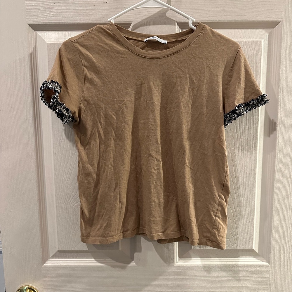Zara Tan T-Shirt with Tweed Style Trim on Sleeves